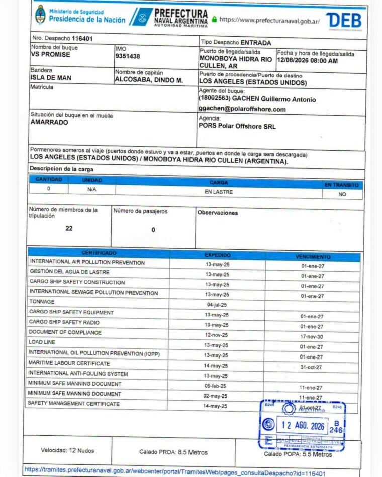 Melella responsabiliza a la Prefectura por buque británico